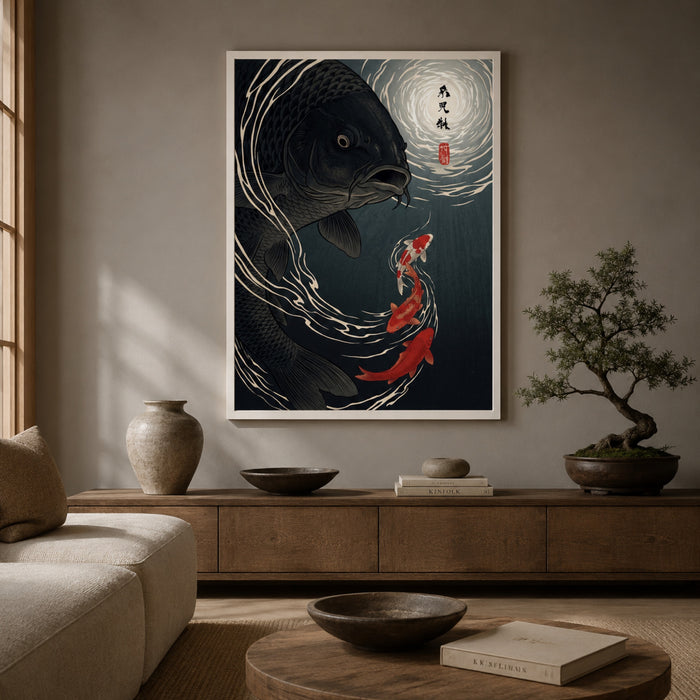 Moonlit Black Koi Ukiyo-e Wall Art Decor