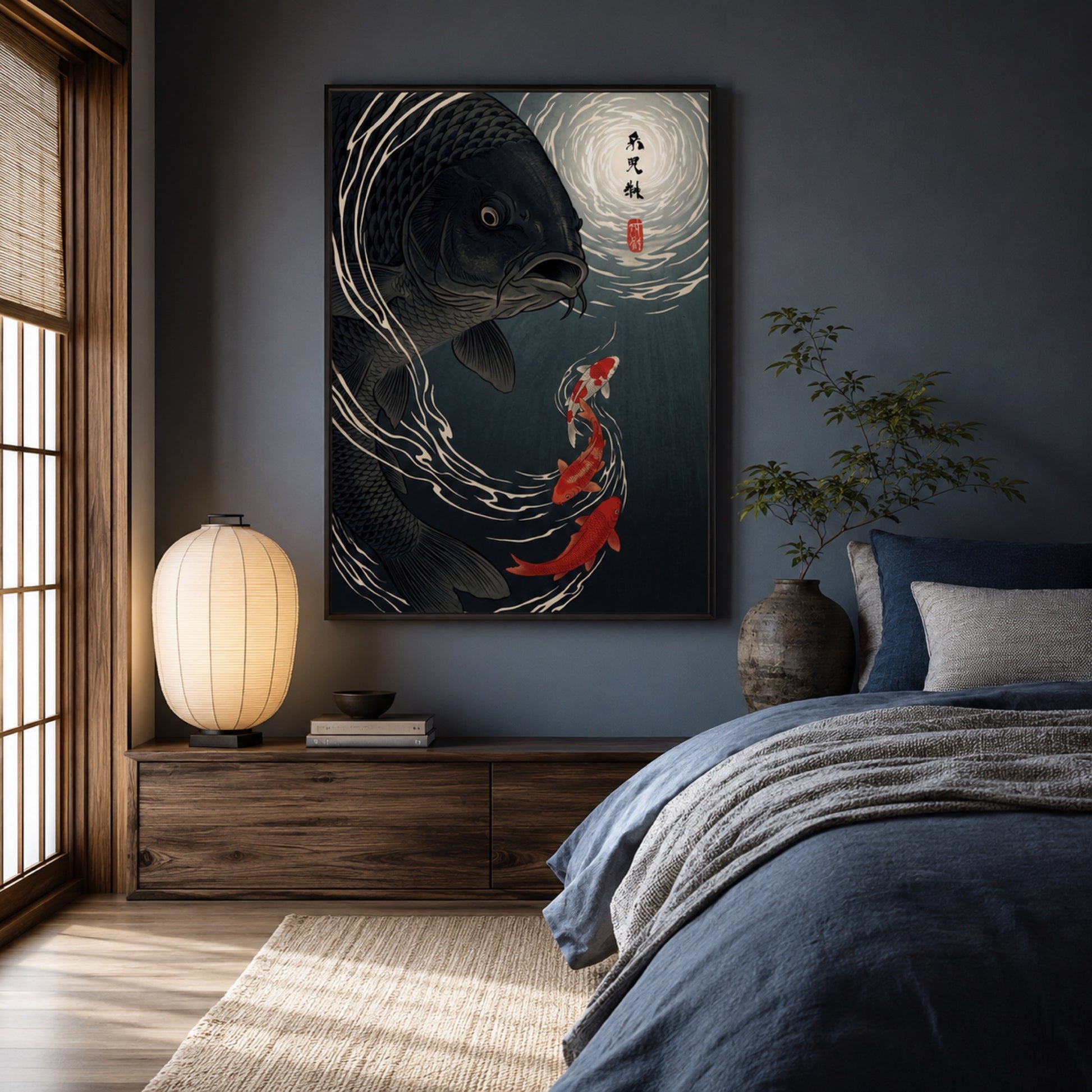 Moonlit Black Koi Ukiyo-e Wall Art Decor preview 4