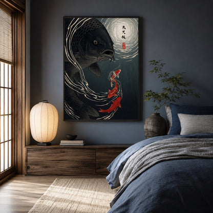 Moonlit Black Koi Ukiyo-e Wall Art Decor preview 4