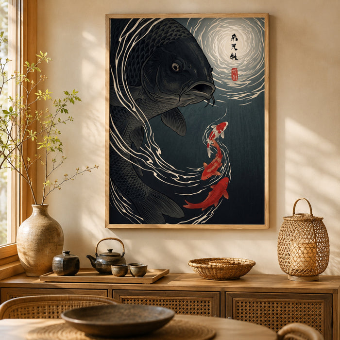 Moonlit Black Koi Ukiyo-e Wall Art Decor