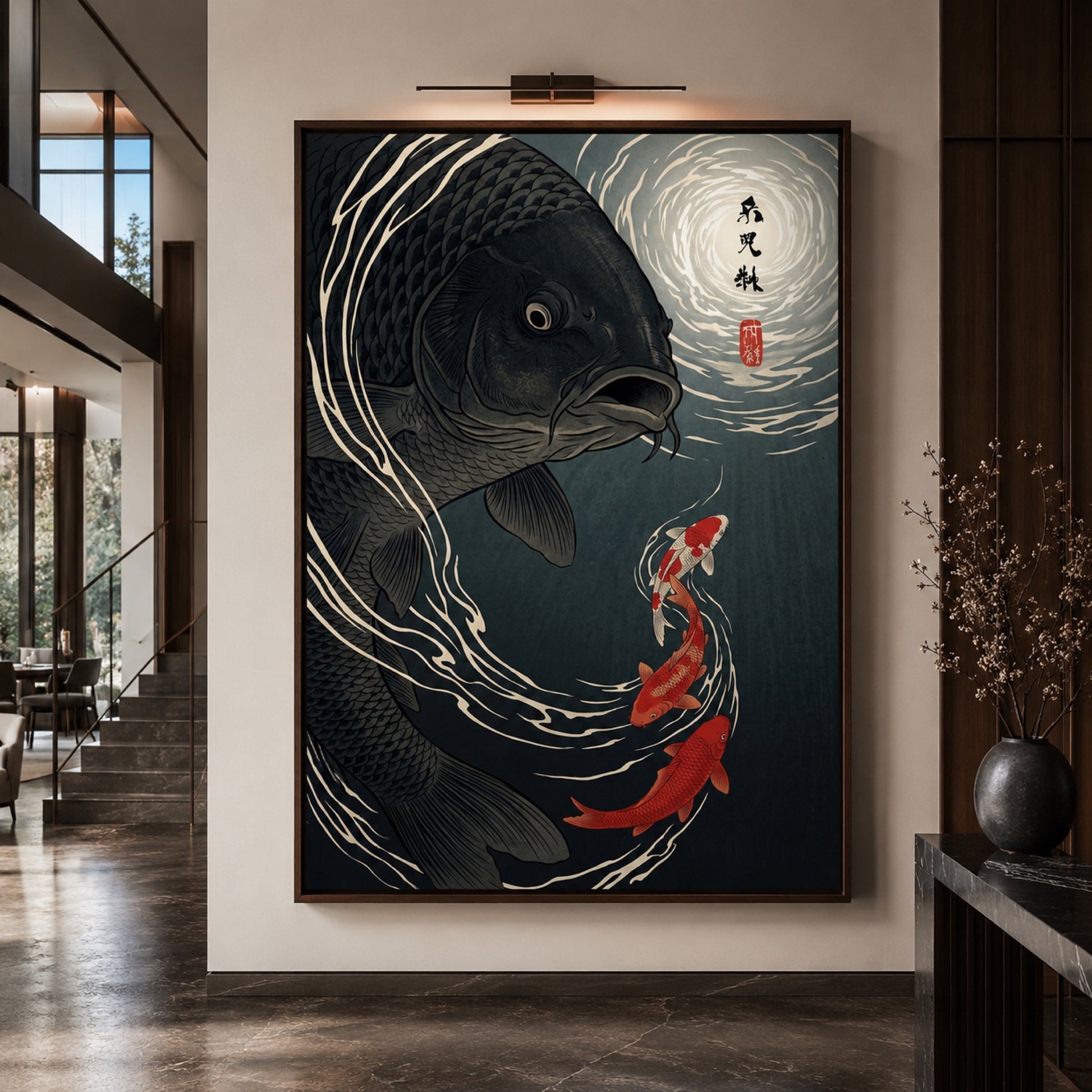 Moonlit Black Koi Ukiyo-e Wall Art Decor preview 6