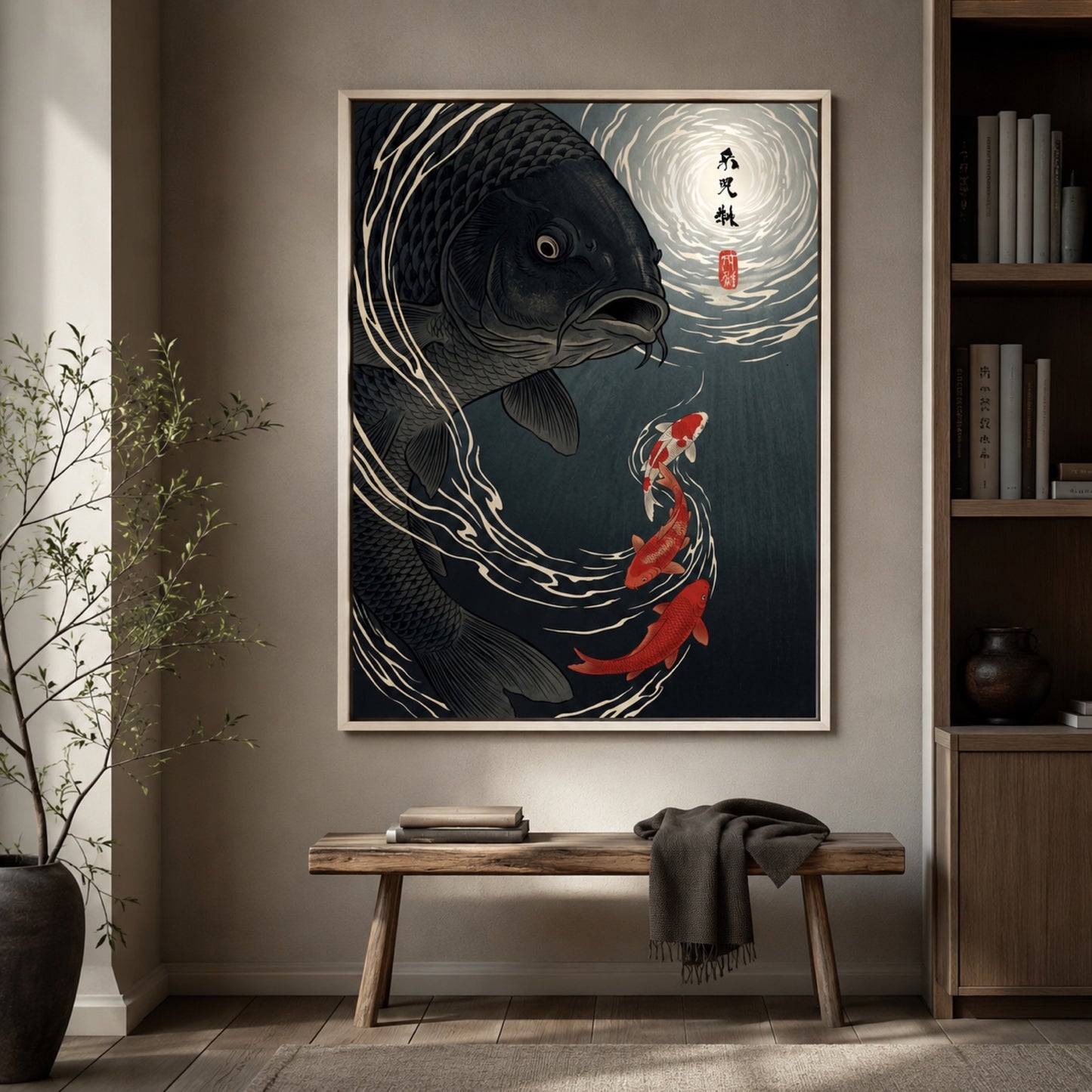 Moonlit Black Koi Ukiyo-e Wall Art Decor preview 7