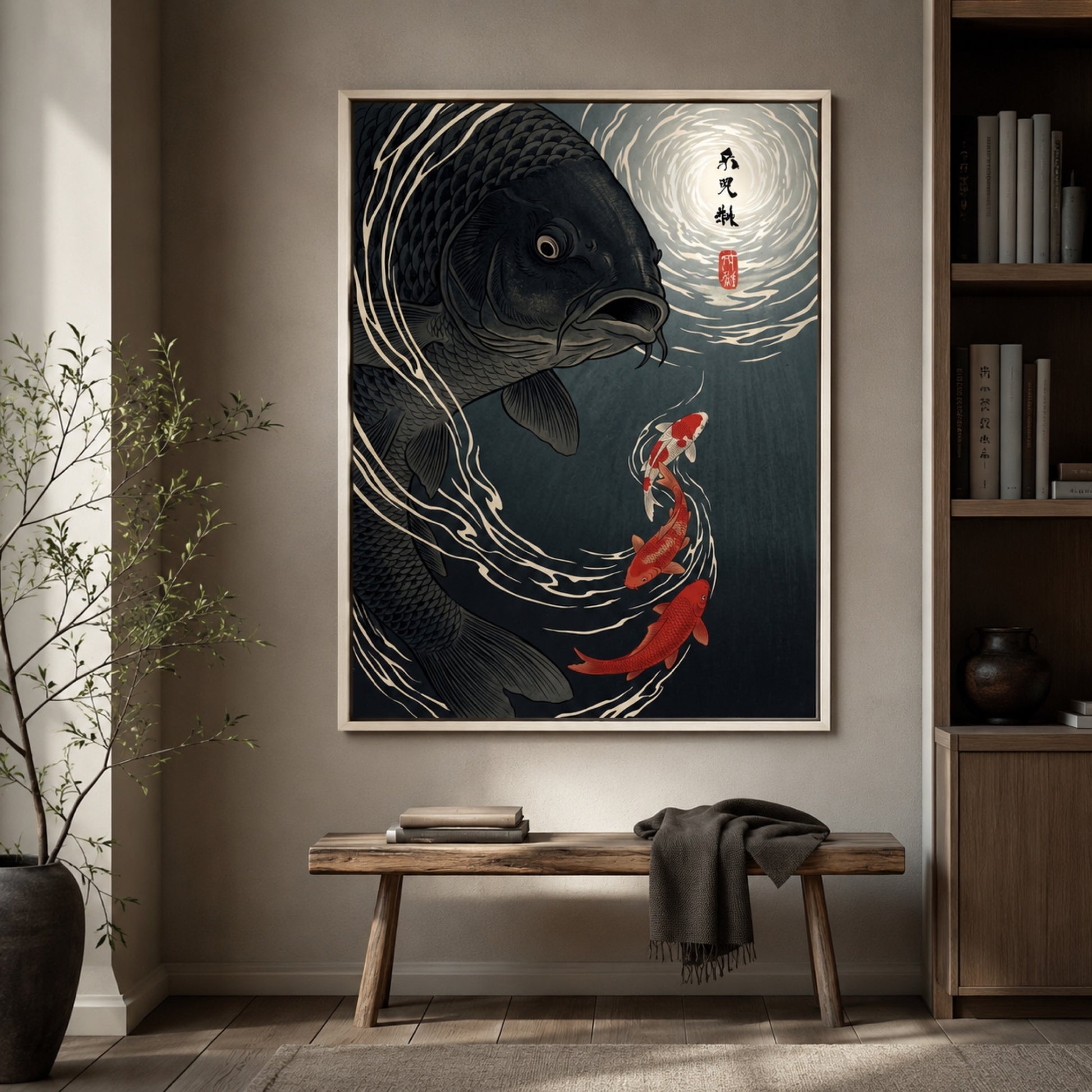 Moonlit Black Koi Ukiyo-e Wall Art Decor preview 7