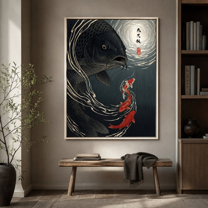 Moonlit Black Koi Ukiyo-e Wall Art Decor preview 7