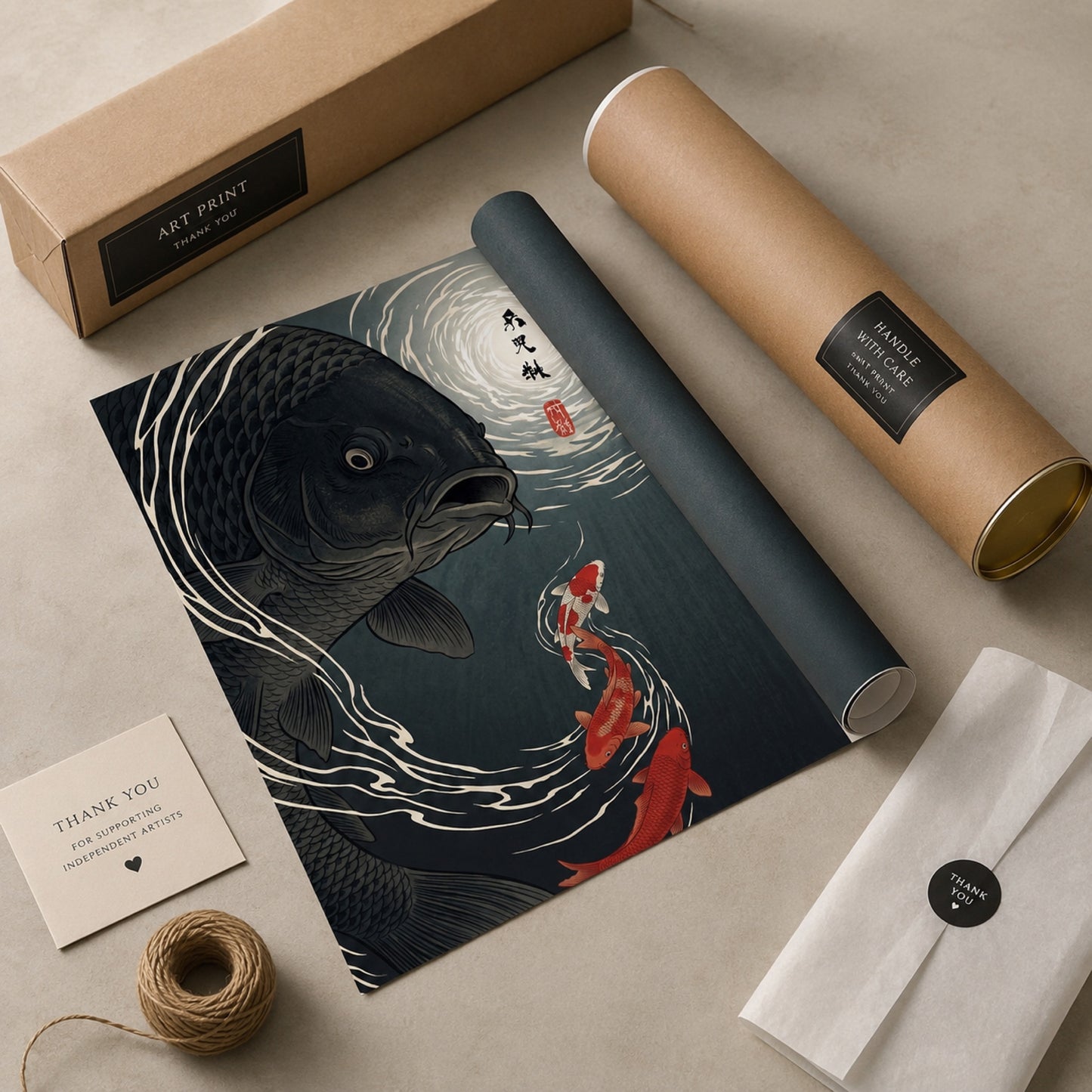 Moonlit Black Koi Ukiyo-e Wall Art Decor preview 9