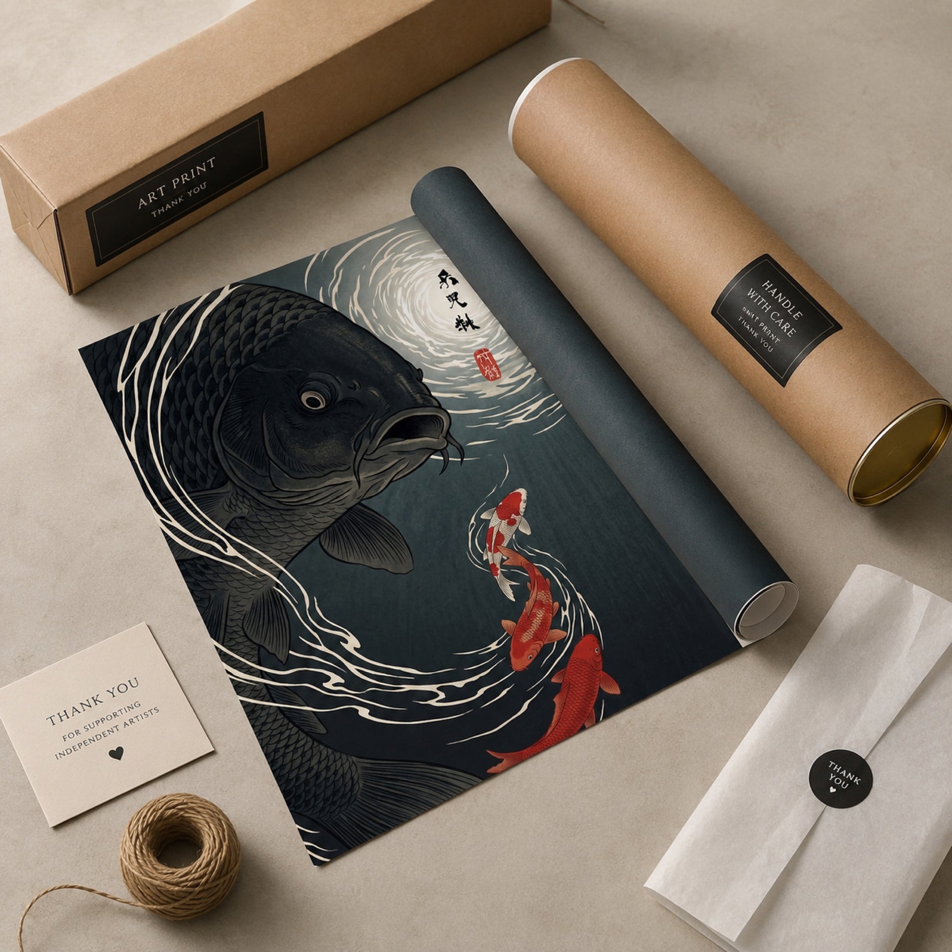 Moonlit Black Koi Ukiyo-e Wall Art Decor preview 9