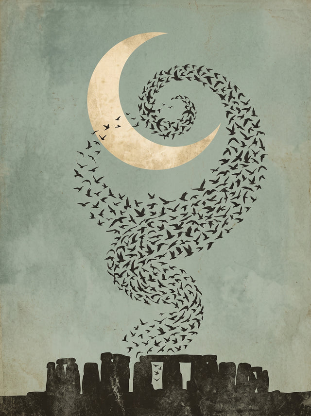 Moonlit Starling Murmuration Over Stonehenge Wall Art Decor