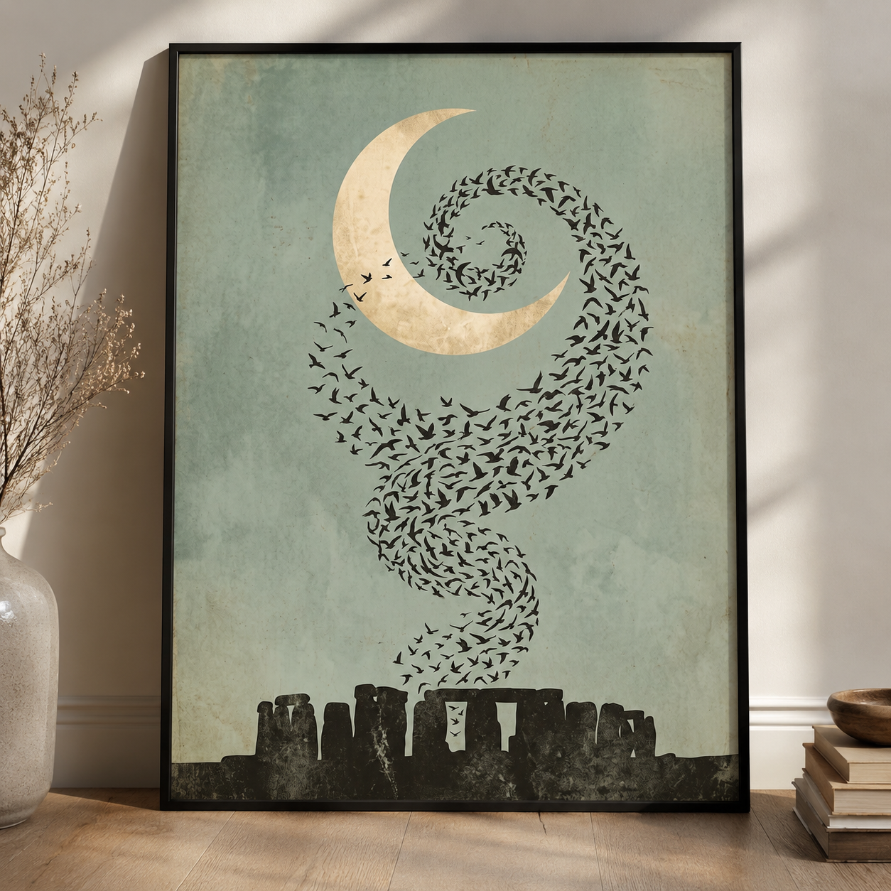 Moonlit Starling Murmuration Over Stonehenge Wall Art Decor – preview 2