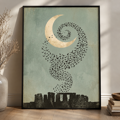 Moonlit Starling Murmuration Over Stonehenge Wall Art Decor – preview 2