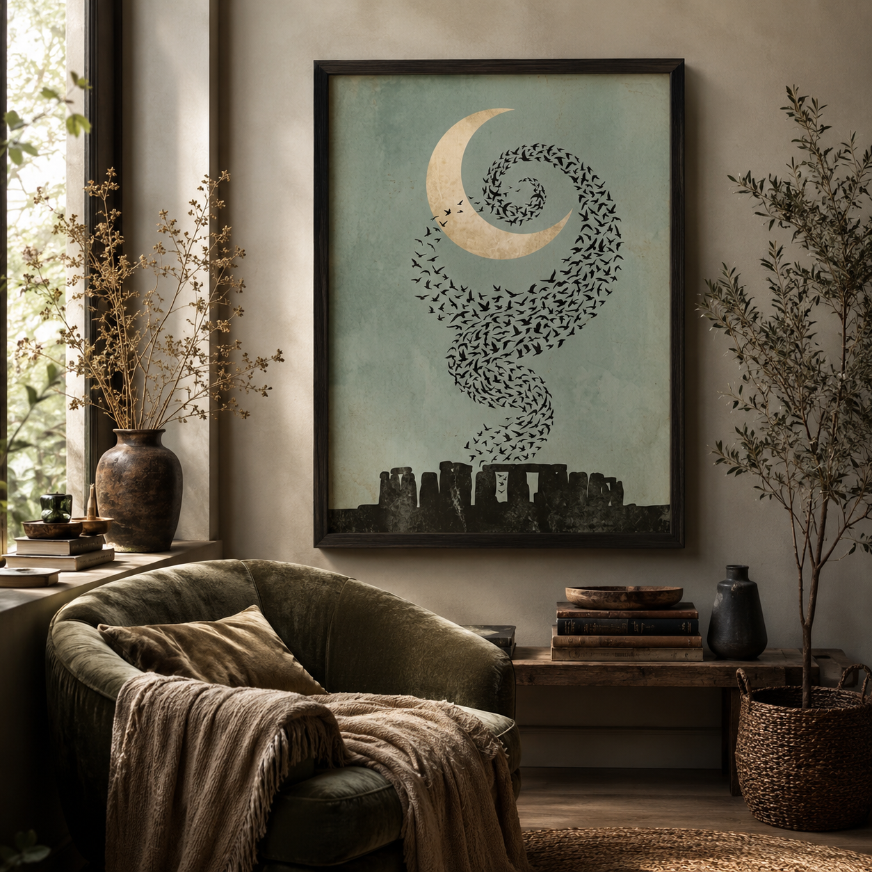 Moonlit Starling Murmuration Over Stonehenge Wall Art Decor – preview 5