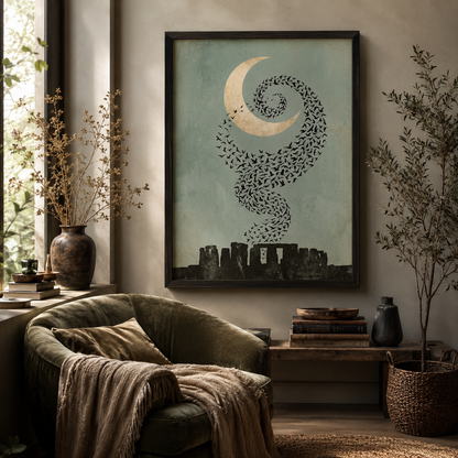 Moonlit Starling Murmuration Over Stonehenge Wall Art Decor – preview 5