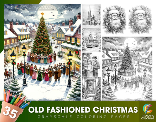35 Old Fashioned Christmas Grayscale Coloring Pages - Instant Download - Printable PDF Dark/Light