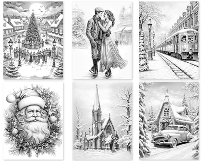 35 Old Fashioned Christmas Grayscale Coloring Pages - Instant Download - Printable PDF Dark/Light – preview 2
