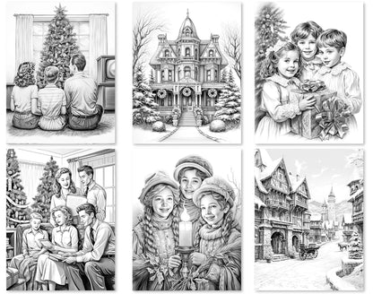 35 Old Fashioned Christmas Grayscale Coloring Pages - Instant Download - Printable PDF Dark/Light – preview 4