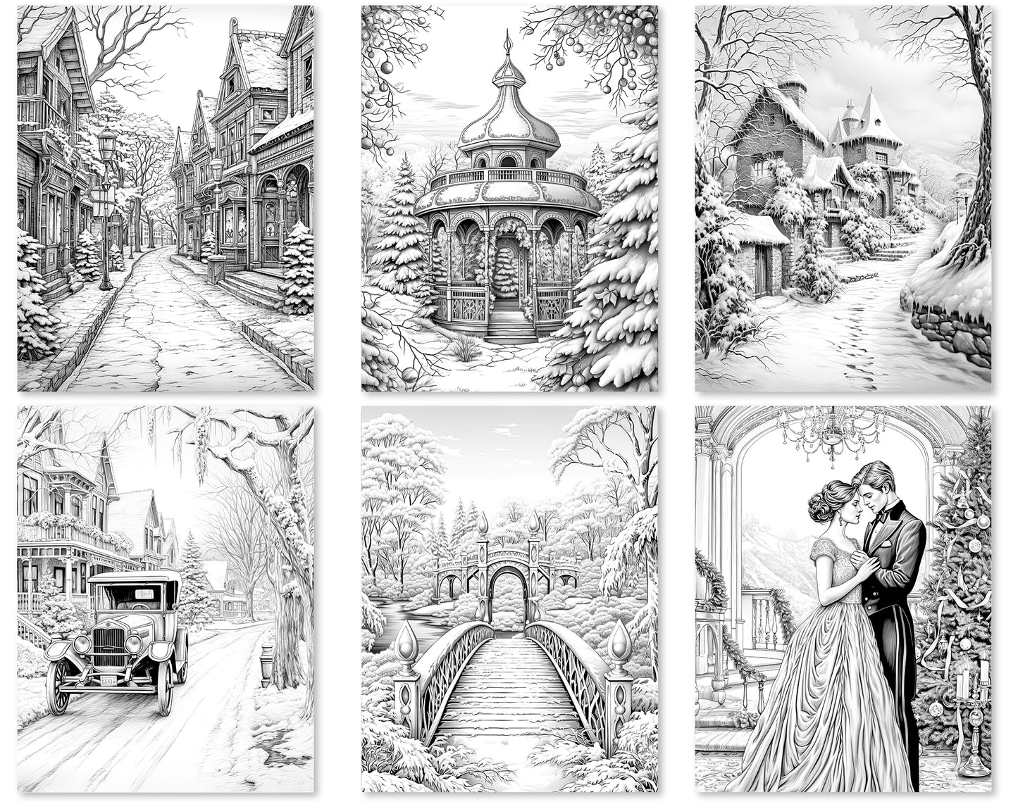 35 Old Fashioned Christmas Grayscale Coloring Pages - Instant Download - Printable PDF Dark/Light – preview 5