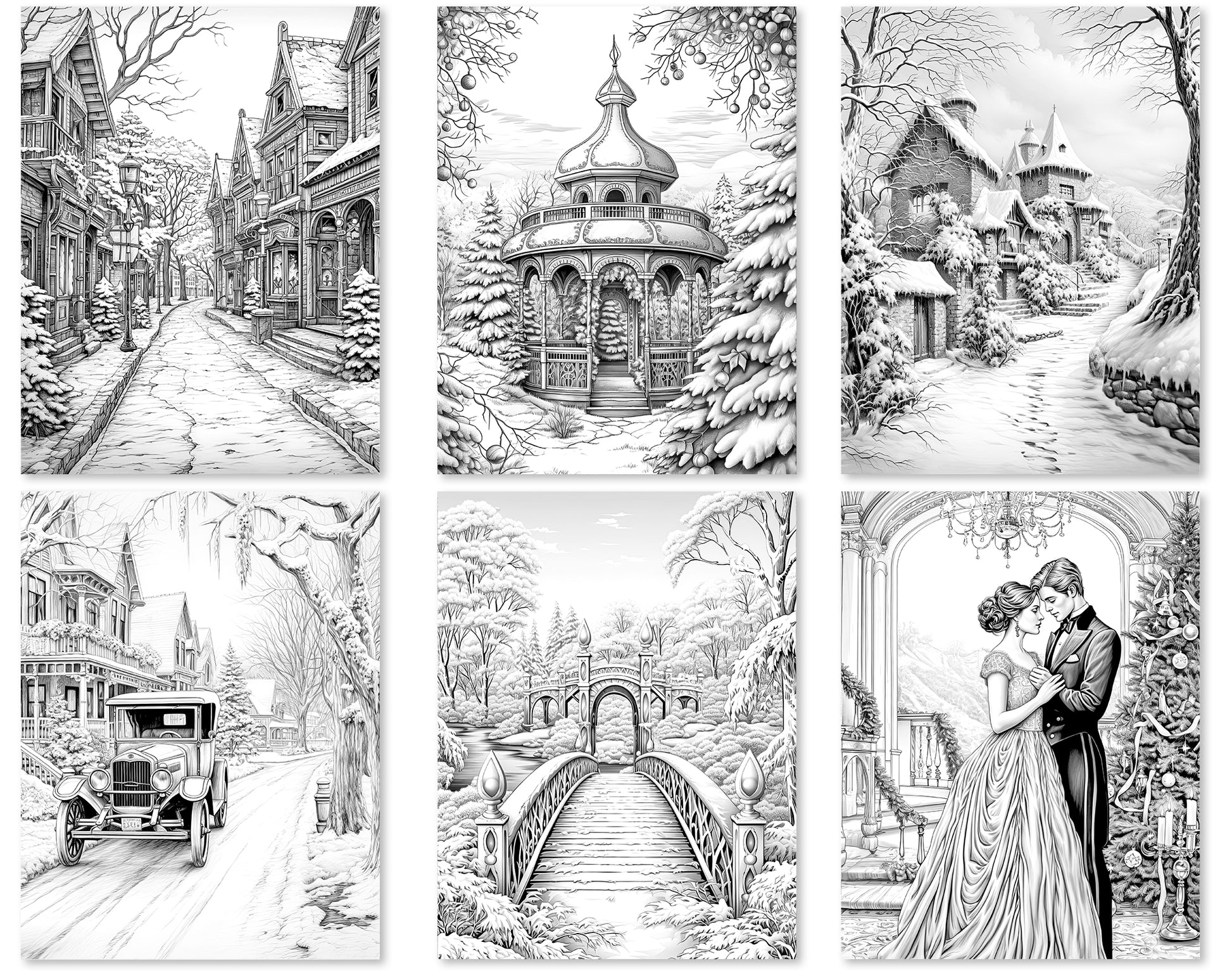 35 Old Fashioned Christmas Grayscale Coloring Pages - Instant Download - Printable PDF Dark/Light – preview 5