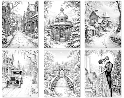 35 Old Fashioned Christmas Grayscale Coloring Pages - Instant Download - Printable PDF Dark/Light – preview 5