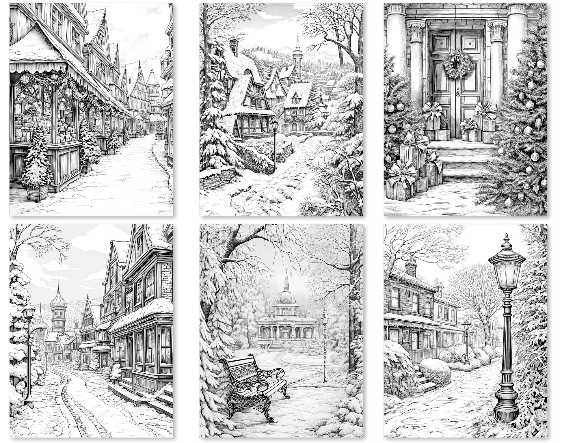 35 Old Fashioned Christmas Grayscale Coloring Pages - Instant Download - Printable PDF Dark/Light – preview 6