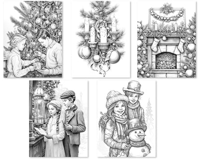 35 Old Fashioned Christmas Grayscale Coloring Pages - Instant Download - Printable PDF Dark/Light – preview 7