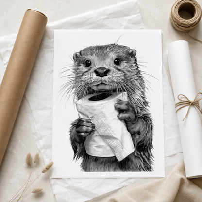 Otter Holding Toilet Paper Wall Art Decor - Wall Art Decor - back view