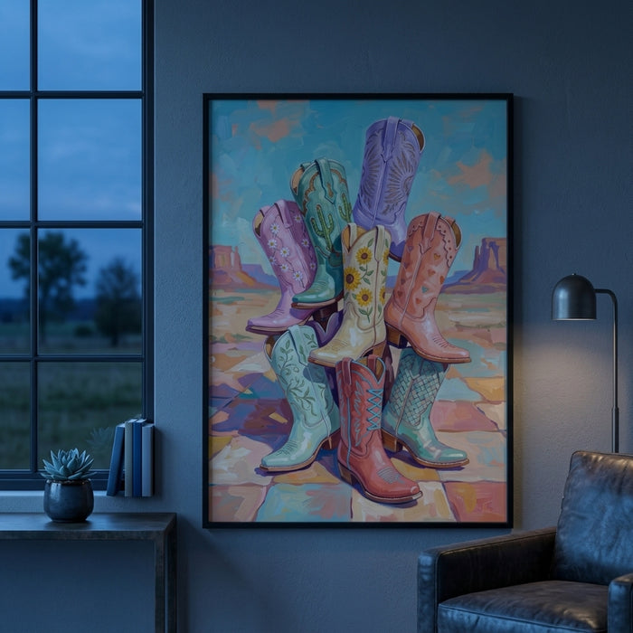 Pastel Cowgirl Boots in the Desert Wall Art Decor
