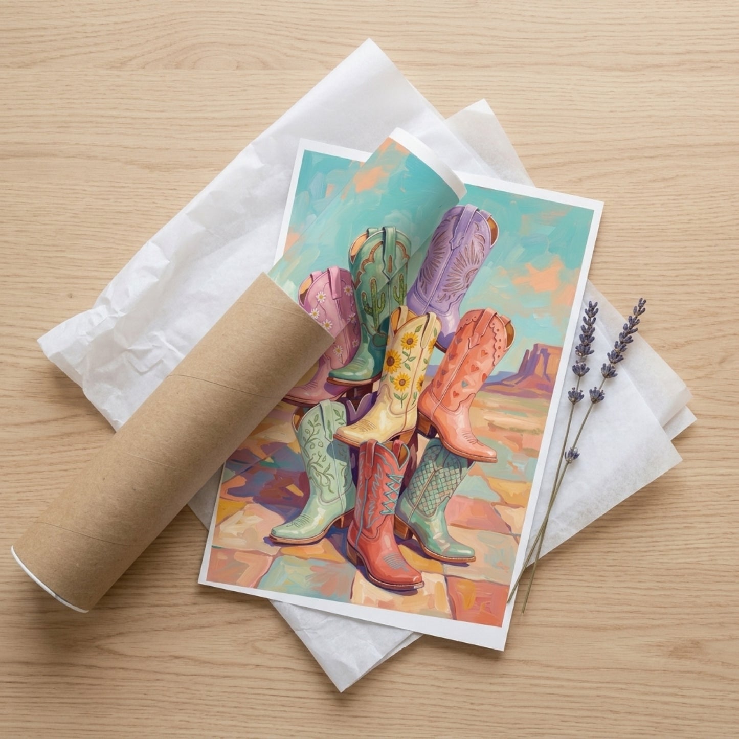 Pastel Cowgirl Boots in the Desert Wall Art Decor preview 6