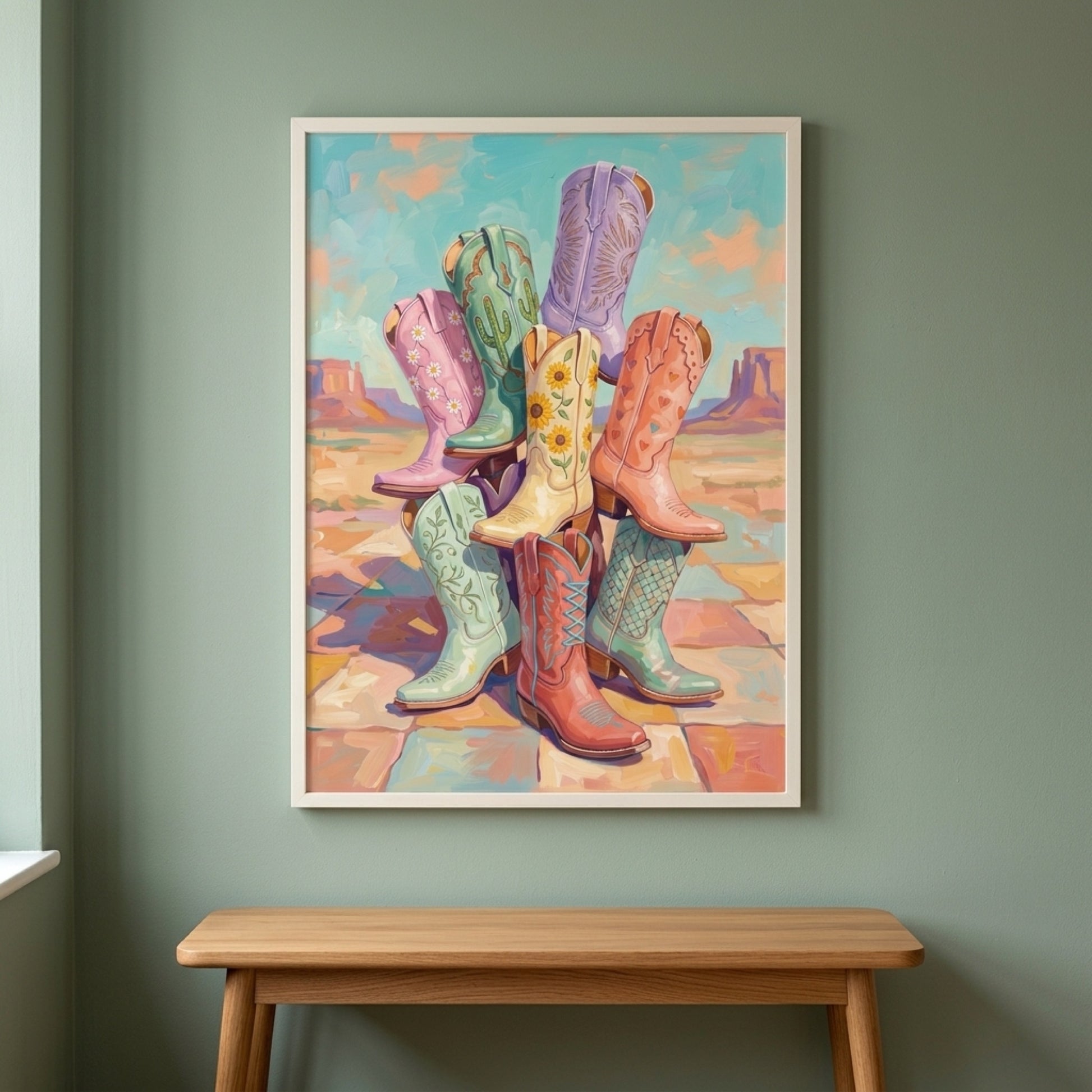 Pastel Cowgirl Boots in the Desert Wall Art Decor preview 8