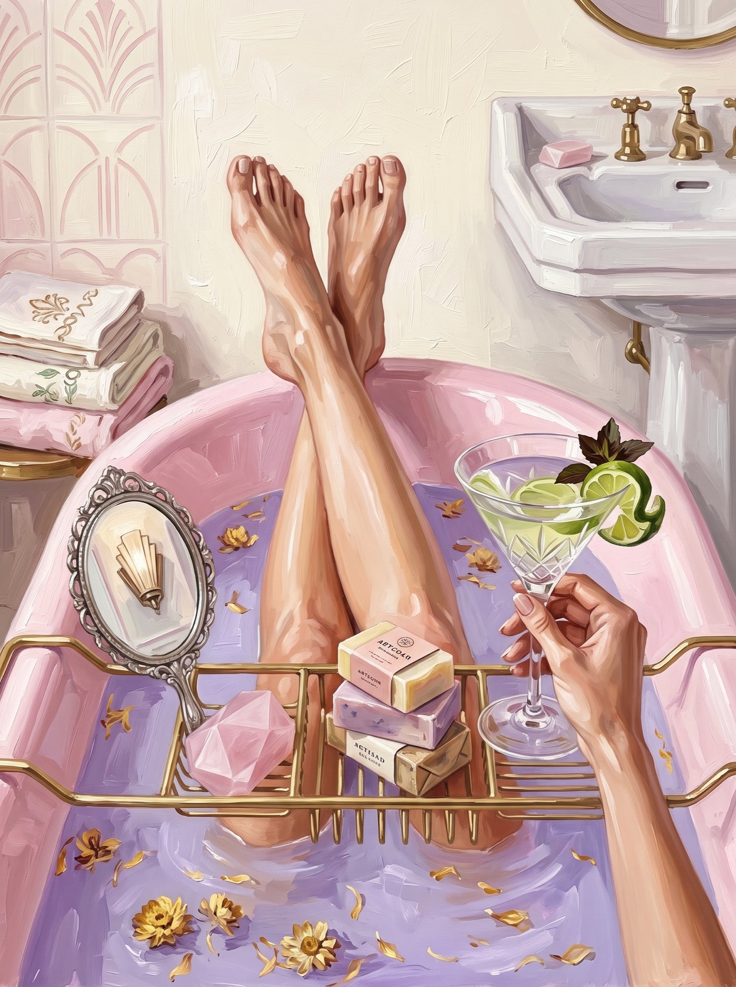 Pink Bathtub Martini Escape Wall Art Decor