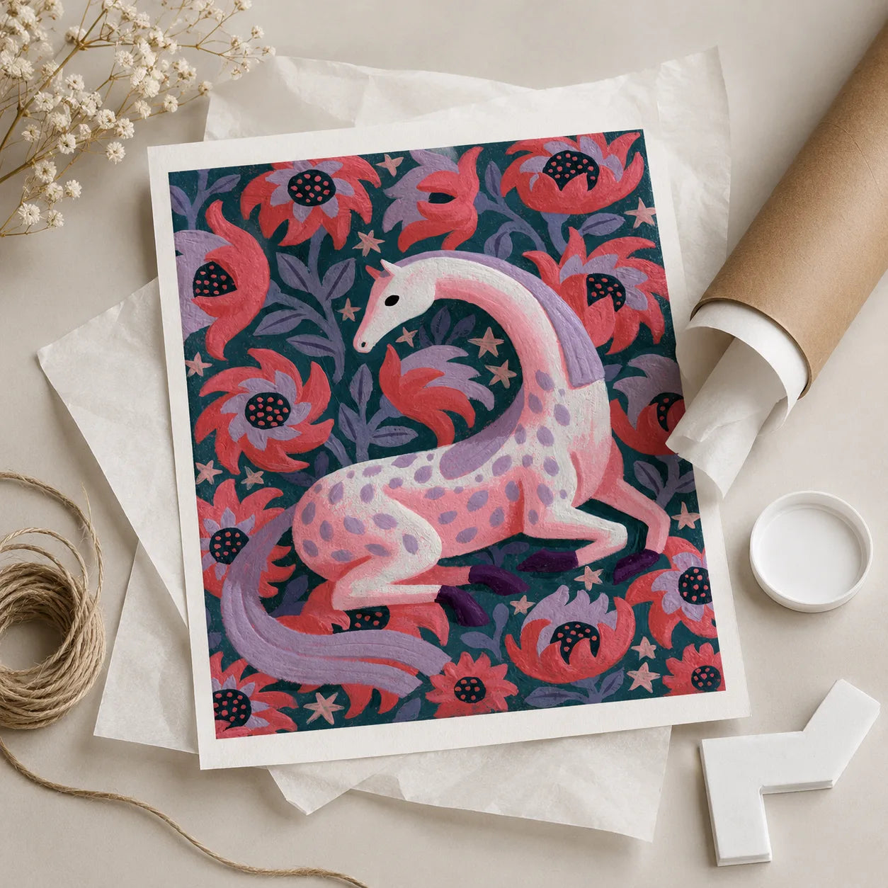 Pink Floral Horse Wall Art Decor - Wall Art Decor - back view