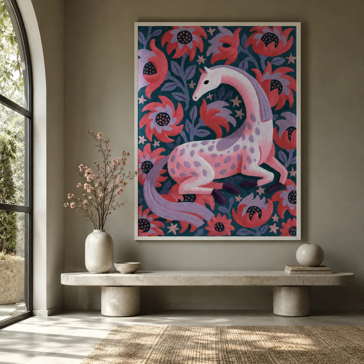 Pink Floral Horse Wall Art Decor - Wall Art Decor - close up