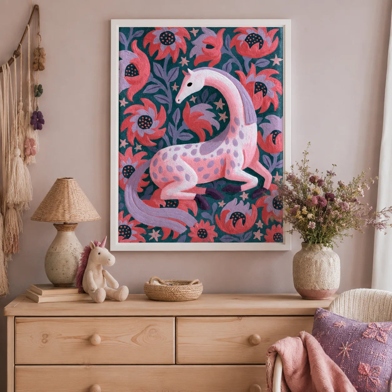 Pink Floral Horse Wall Art Decor - Wall Art Decor - detail