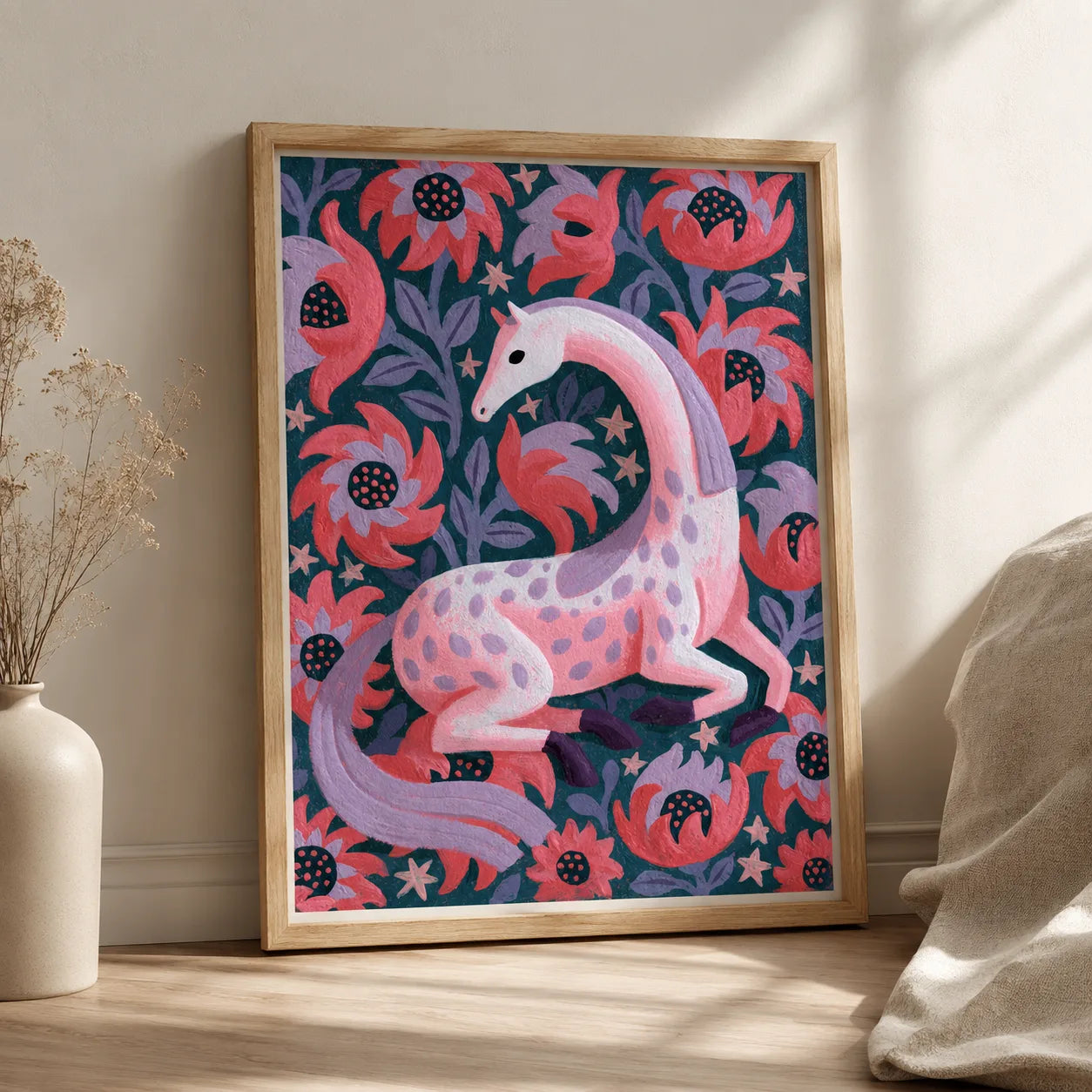 Pink Floral Horse Wall Art Decor - Wall Art Decor - side view