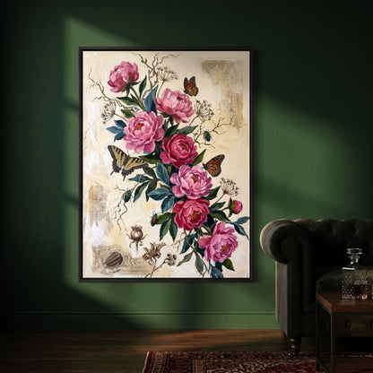 Pink Peony Bouquet Vintage Wall Art Decor preview 3