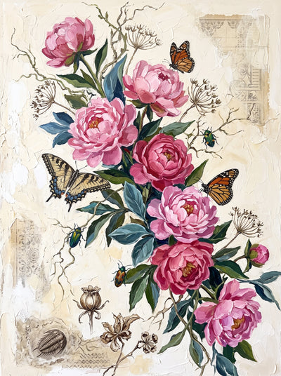 Pink Peony Bouquet Vintage Wall Art Decor