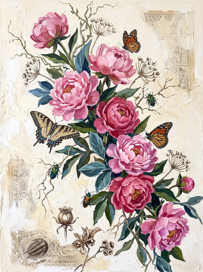 Pink Peony Bouquet Vintage Wall Art Decor