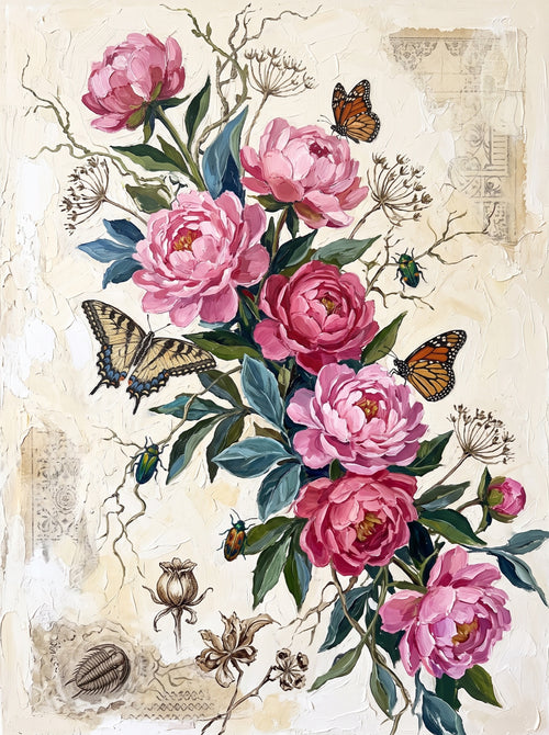 Pink Peony Bouquet Vintage Wall Art Decor