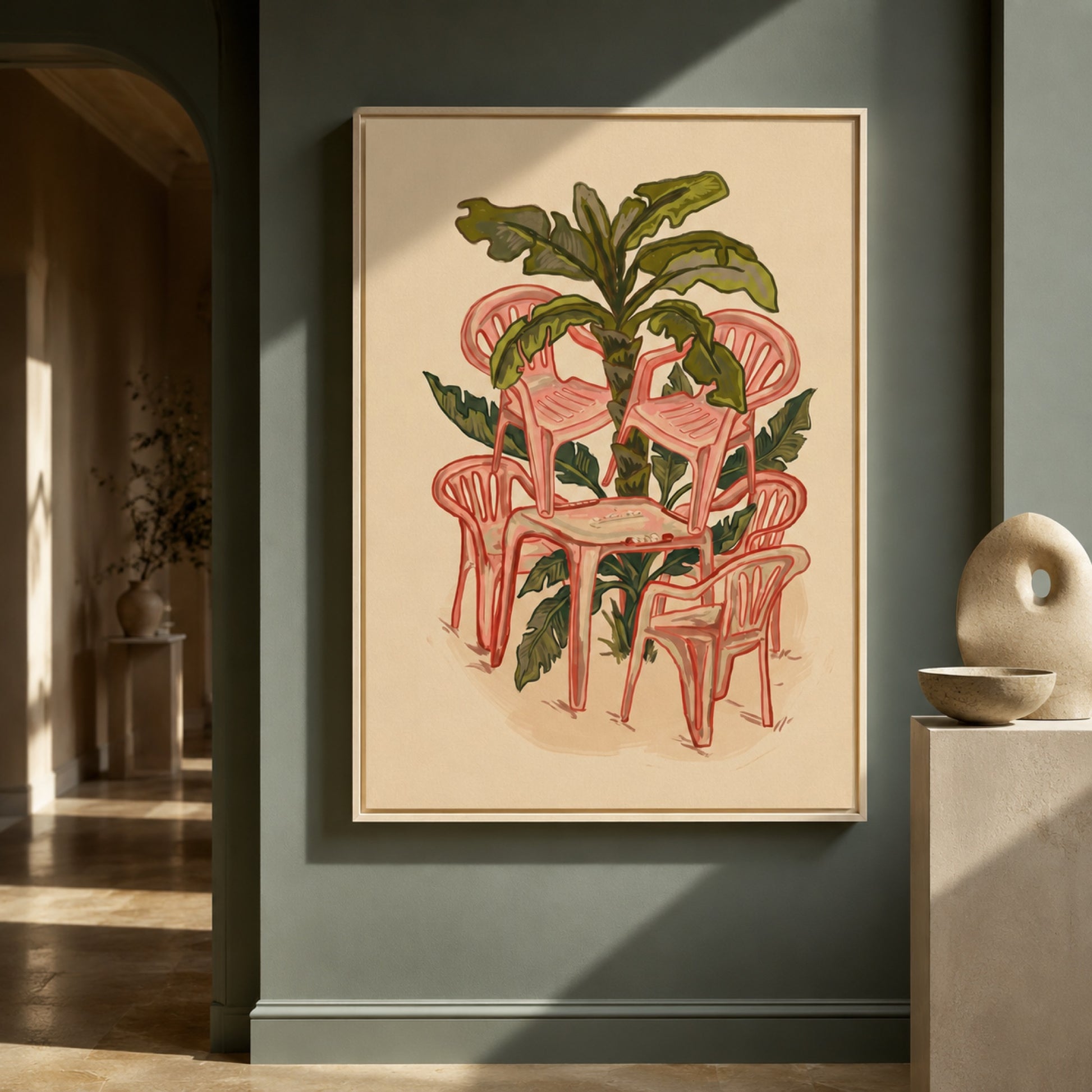 Pink Plastic Chairs and Banana Palm Wall Art Decor preview 10