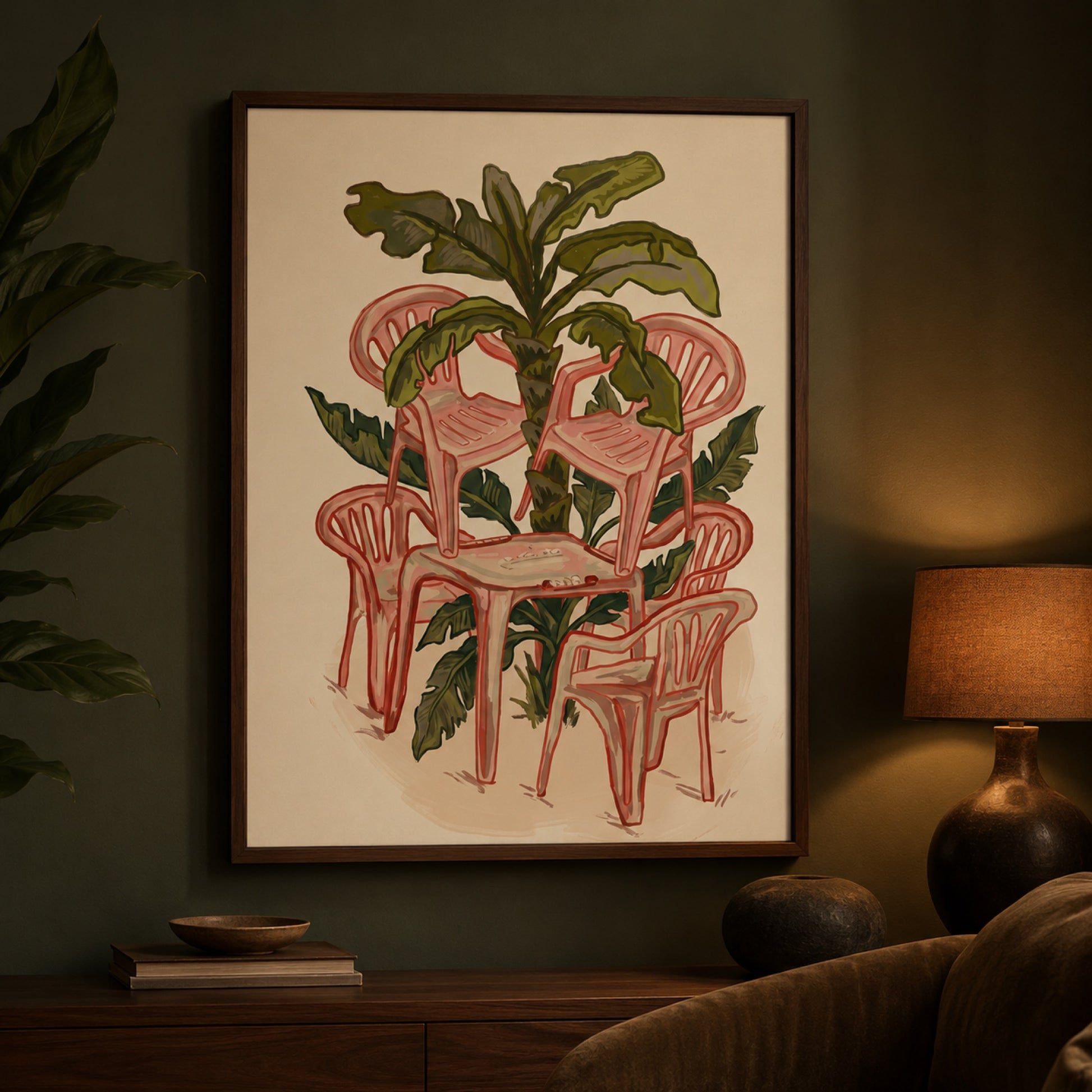 Pink Plastic Chairs and Banana Palm Wall Art Decor preview 11
