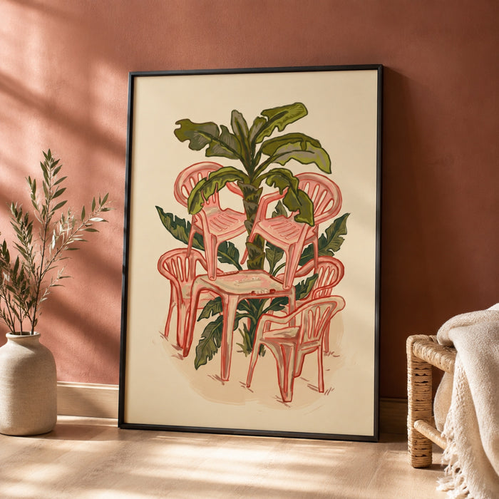 Pink Plastic Chairs and Banana Palm Wall Art Decor
