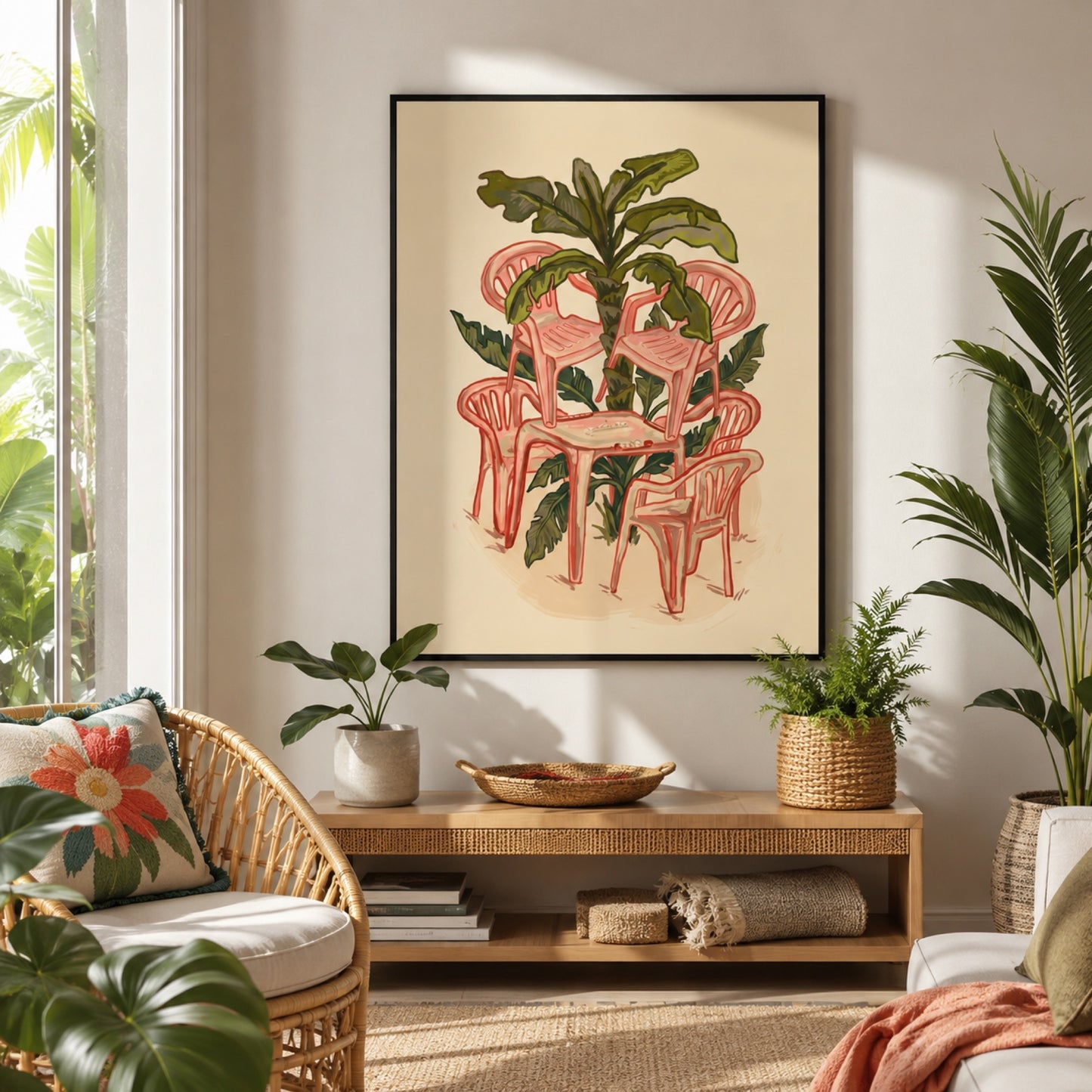 Pink Plastic Chairs and Banana Palm Wall Art Decor preview 3