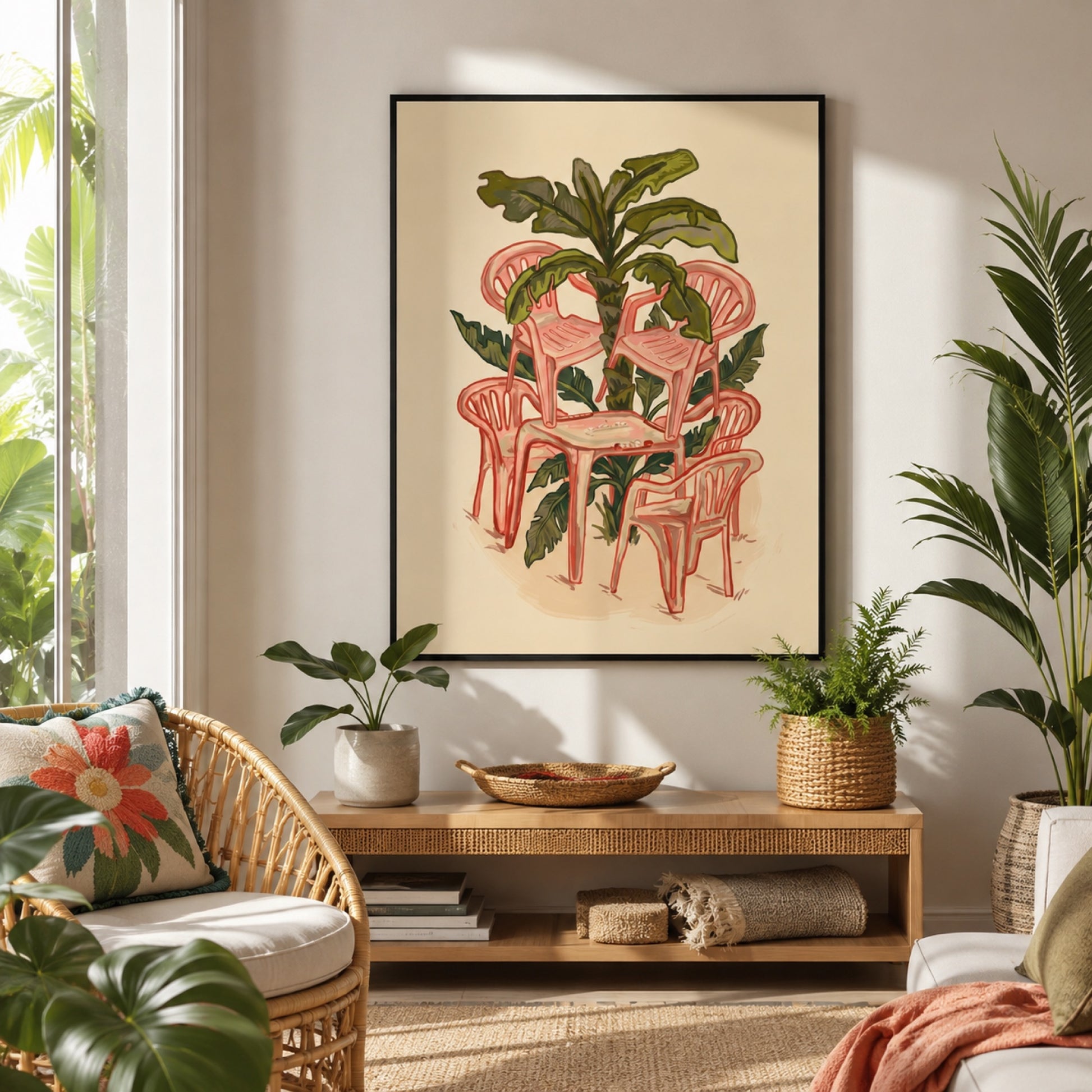 Pink Plastic Chairs and Banana Palm Wall Art Decor preview 3