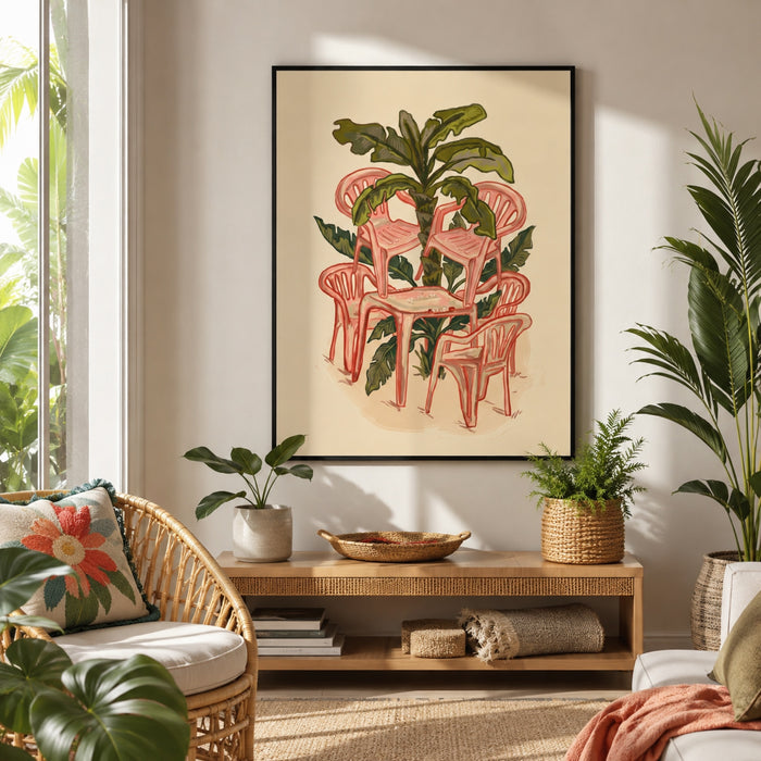 Pink Plastic Chairs and Banana Palm Wall Art Decor
