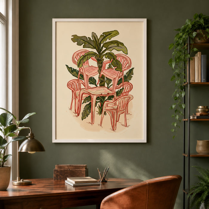 Pink Plastic Chairs and Banana Palm Wall Art Decor