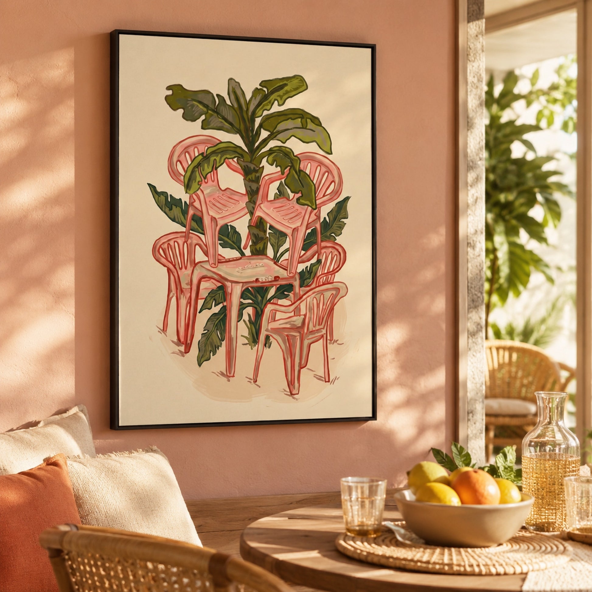 Pink Plastic Chairs and Banana Palm Wall Art Decor preview 5
