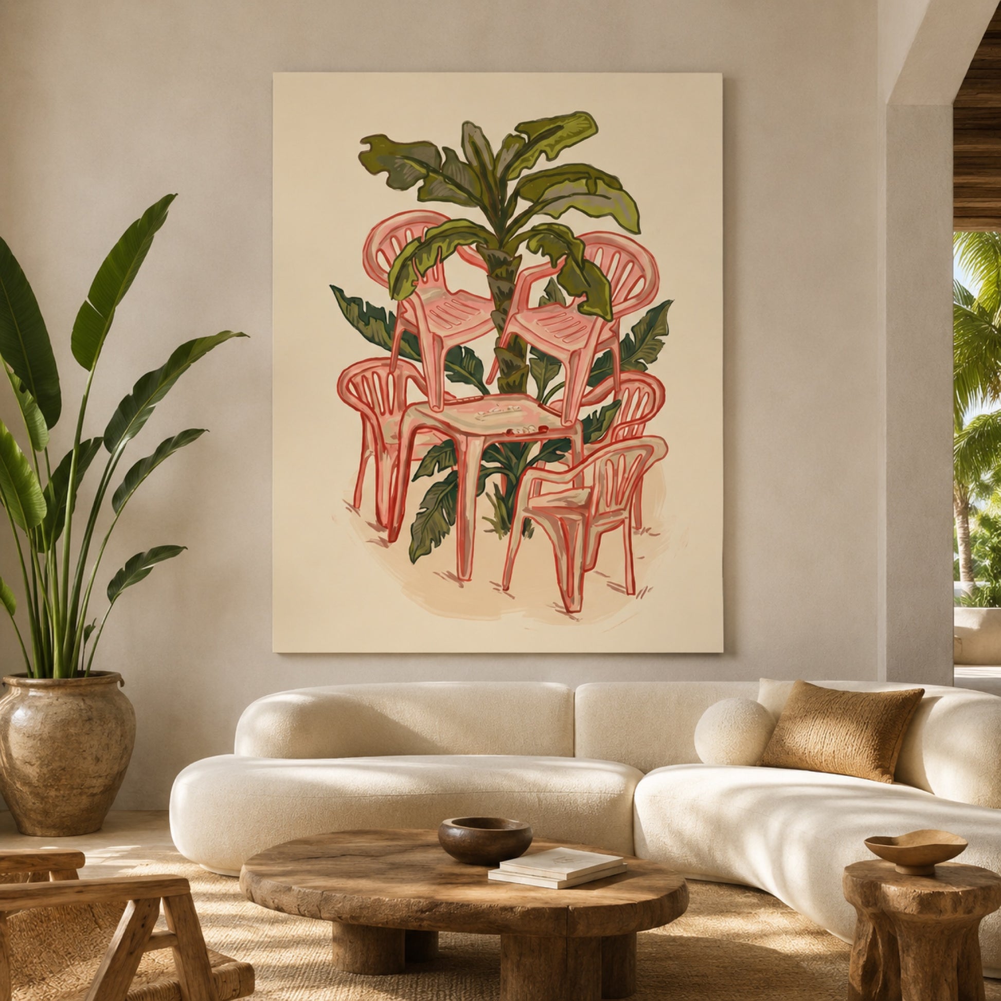 Pink Plastic Chairs and Banana Palm Wall Art Decor preview 6