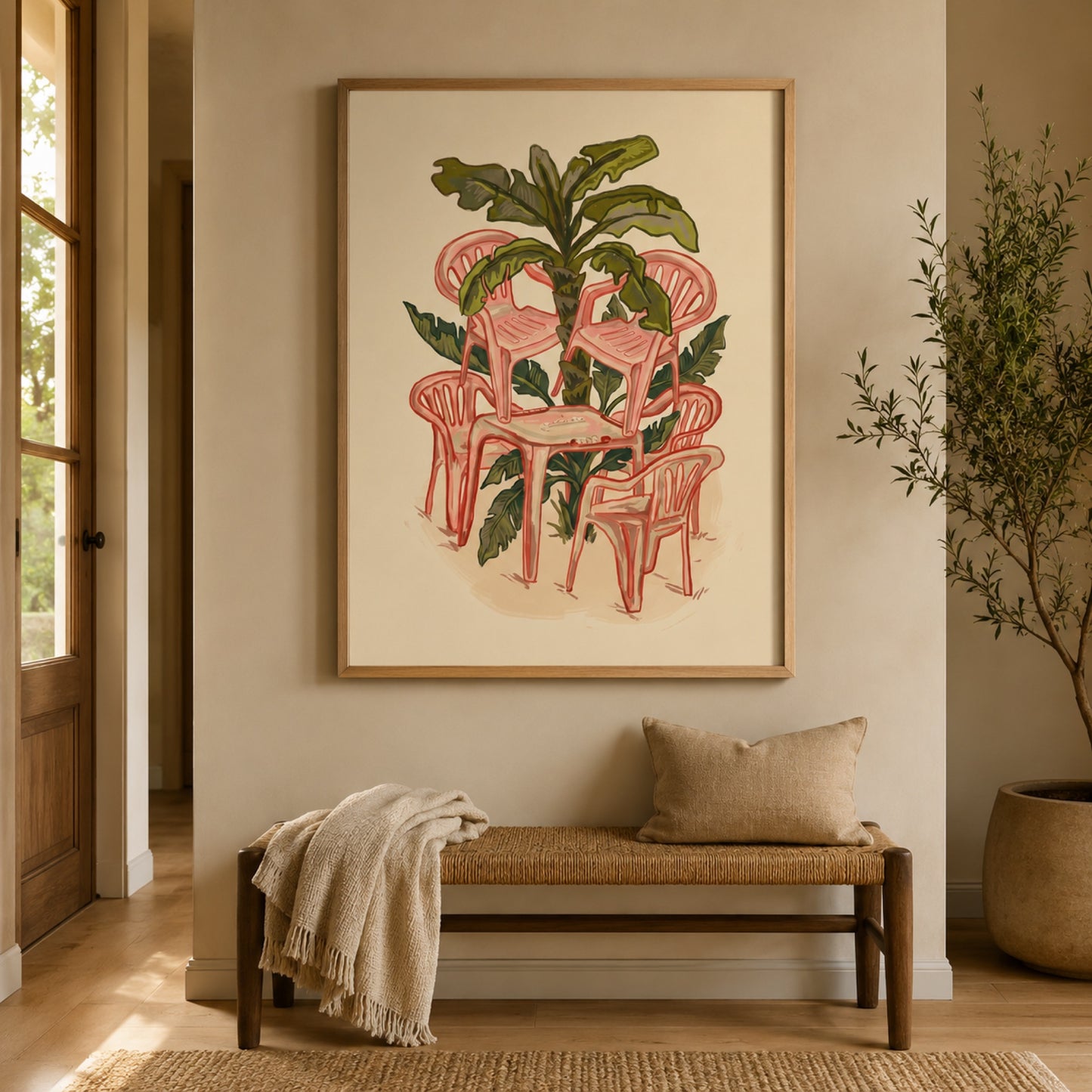 Pink Plastic Chairs and Banana Palm Wall Art Decor preview 7
