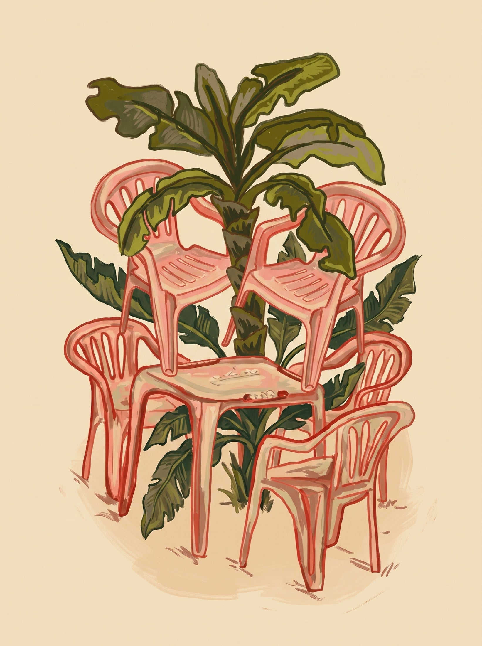 Pink Plastic Chairs and Banana Palm Wall Art Decor