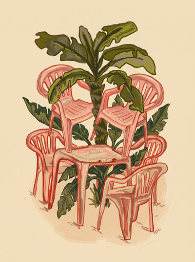 Pink Plastic Chairs and Banana Palm Wall Art Decor