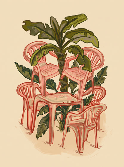 Pink Plastic Chairs and Banana Palm Wall Art Decor