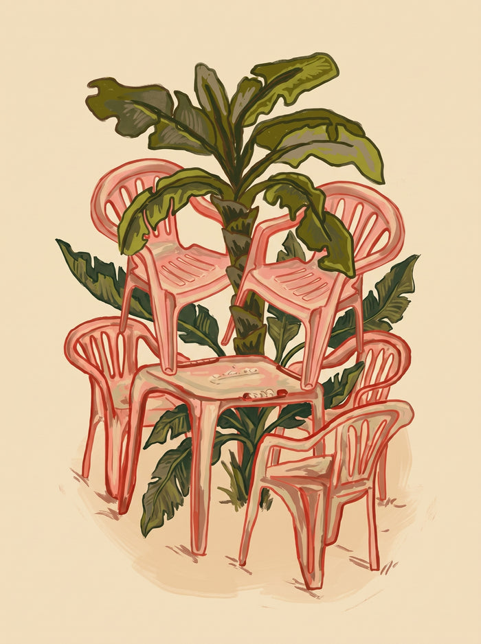 Pink Plastic Chairs and Banana Palm Wall Art Decor